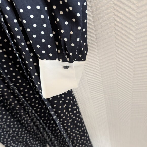 Zara Polka Dot Pleated Dress Navy Blue White Collar Cuffs Size Small Retro - Picture 11 of 13